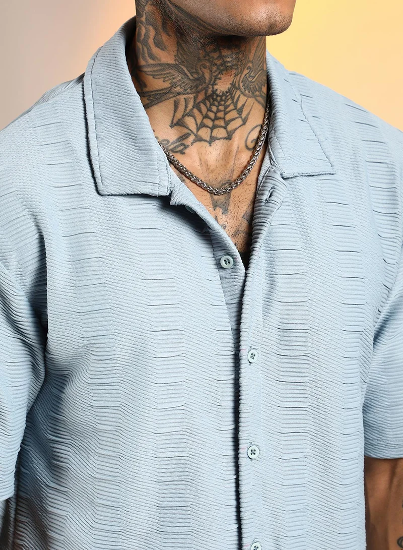 CAHOOT  Men's Powder Blue Ruche-Ribbed Co-Ord Set For Casual Wear | Spread Collar | Short Sleeve | Button Closure | Co-Ords Crafted With Comfort Fit For Everyday Wear for Men | Best Price UAE